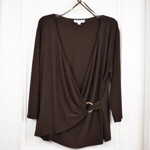 Studio 1 I O-Ring Wrap Top Women 20W Brown Popover Blouse Plunging V Neckline